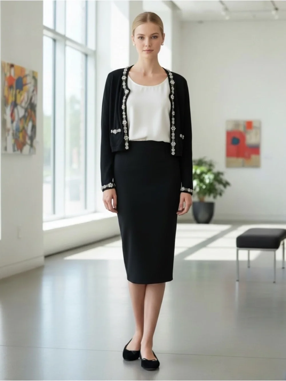 Vintage Berek Takako Sakon Cropped Black Cardigan with Pearls And Sequins Trim - Picture 16 of 16